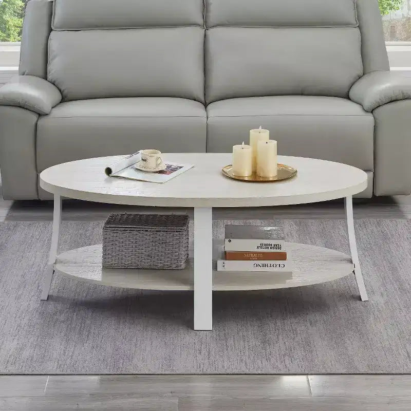 Table basse Anze contemporaine en bois de forme ovale avec étagère