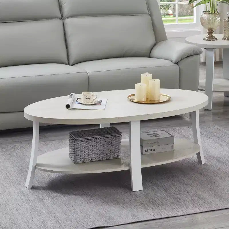 Table basse Anze contemporaine en bois de forme ovale avec étagère