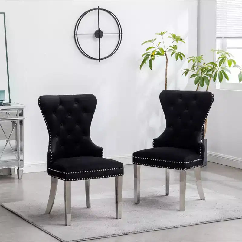 Montura Contemporary Tufted Velvet Chair with Nailhead Trim, Set of 2, Black