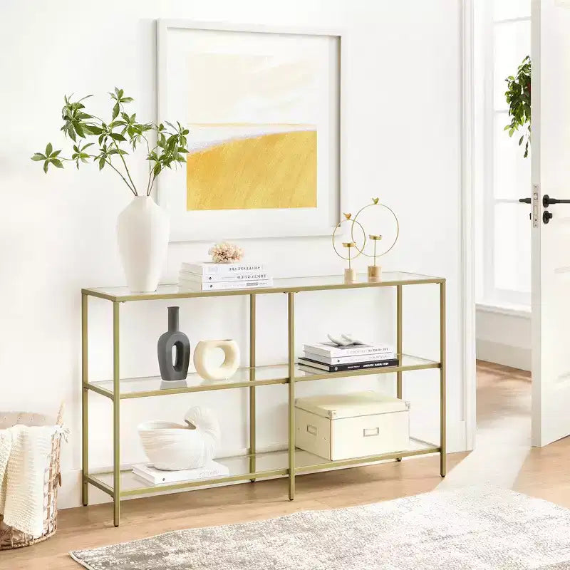 VASAGLE Table Console de 130 cm avec 3 Étagères, Table d'Appoint, Table d'Entrée, Cadre en Métal, Étagère en Verre Trempé, Style Moderne