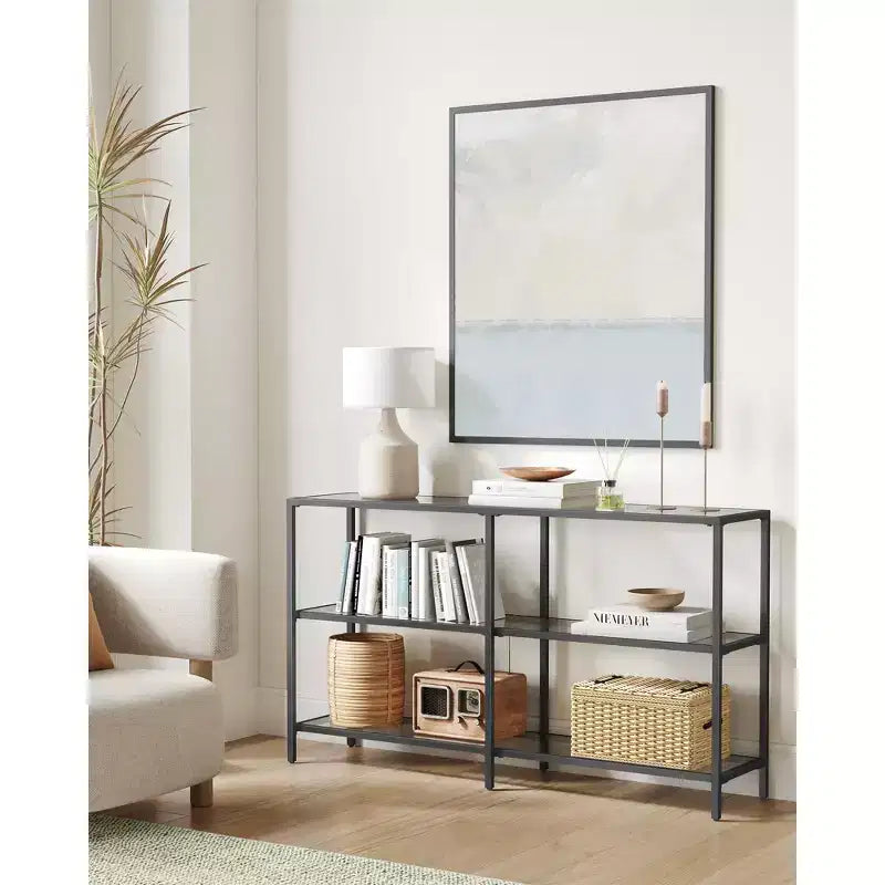 VASAGLE Table Console de 130 cm avec 3 Étagères, Table d'Appoint, Table d'Entrée, Cadre en Métal, Étagère en Verre Trempé, Style Moderne