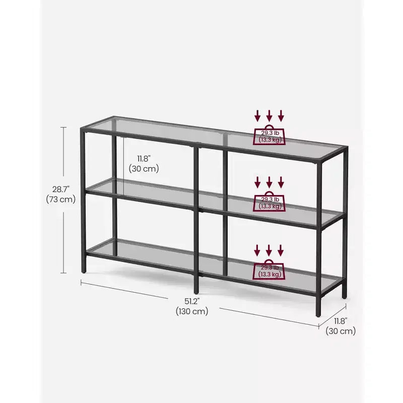 VASAGLE Table Console de 130 cm avec 3 Étagères, Table d'Appoint, Table d'Entrée, Cadre en Métal, Étagère en Verre Trempé, Style Moderne
