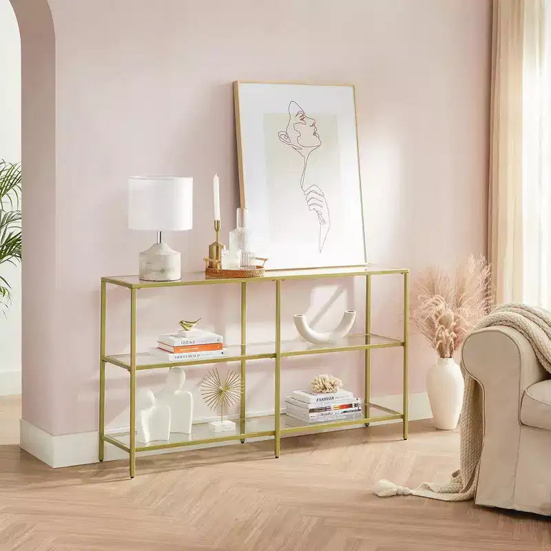 VASAGLE Table Console de 130 cm avec 3 Étagères, Table d'Appoint, Table d'Entrée, Cadre en Métal, Étagère en Verre Trempé, Style Moderne