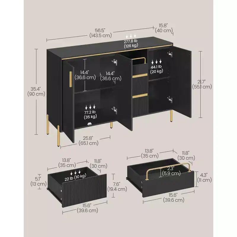 VASAGLE Buffet de Cuisine avec Rangement, Buffet Commode, Meuble de Cuisine avec Tiroirs, Étagère Réglable, Plateau, Noir Encre