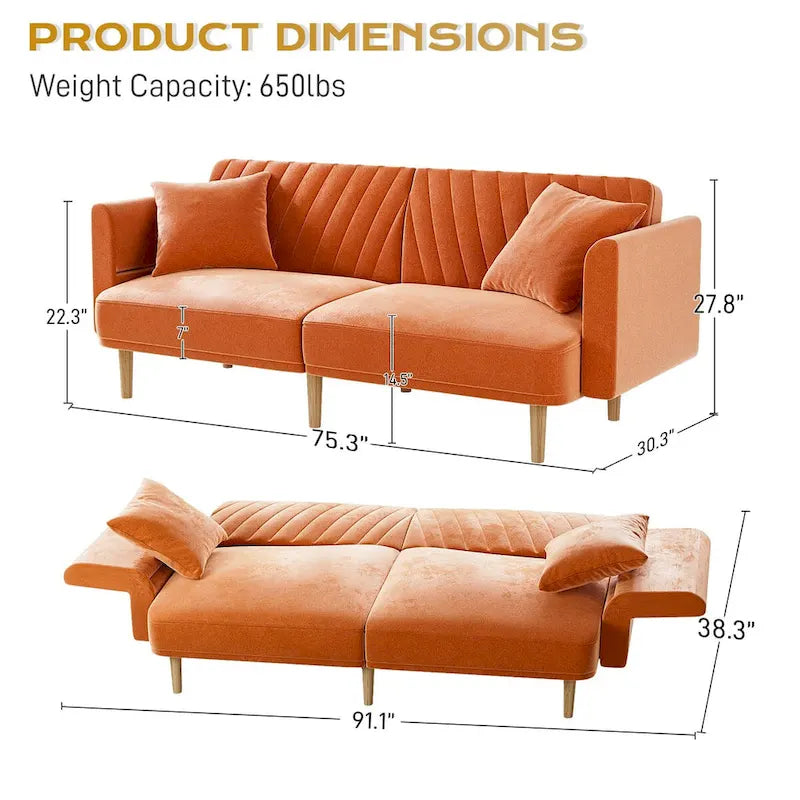 Ouyessir Canapé futon convertible capitonné avec accoudoirs pliables