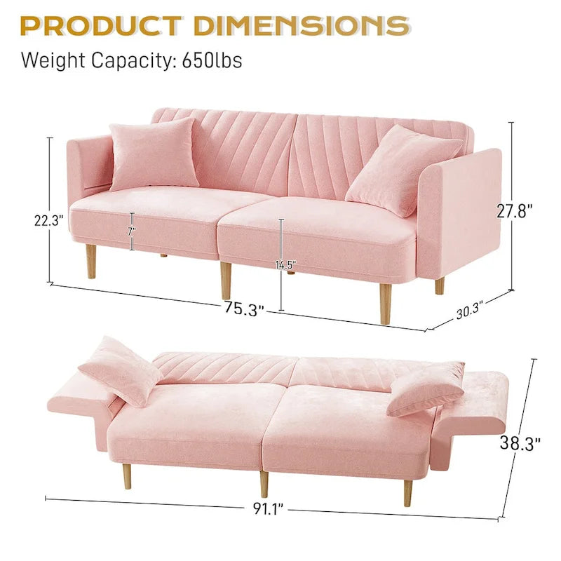Ouyessir Canapé futon convertible capitonné avec accoudoirs pliables