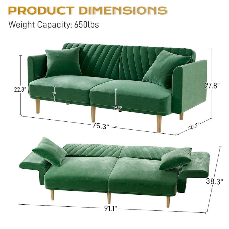 Ouyessir Canapé futon convertible capitonné avec accoudoirs pliables
