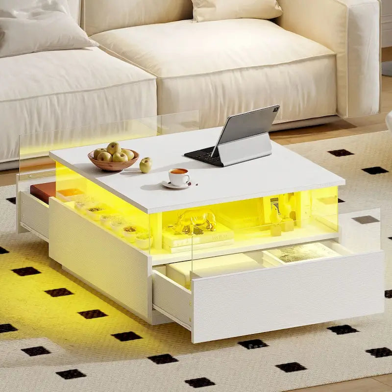 Table basse carrée moderne Moasis avec tiroirs et lumière LED, table de centre en acrylique et bois