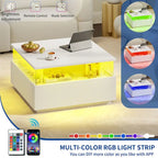 Table basse carrée moderne Moasis avec tiroirs et lumière LED, table de centre en acrylique et bois
