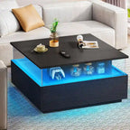 Table basse carrée moderne Moasis avec tiroirs et lumière LED, table de centre en acrylique et bois