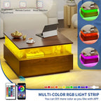 Table basse carrée moderne Moasis avec tiroirs et lumière LED, table de centre en acrylique et bois