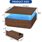 Table basse carrée moderne Moasis avec tiroirs et lumière LED, table de centre en acrylique et bois