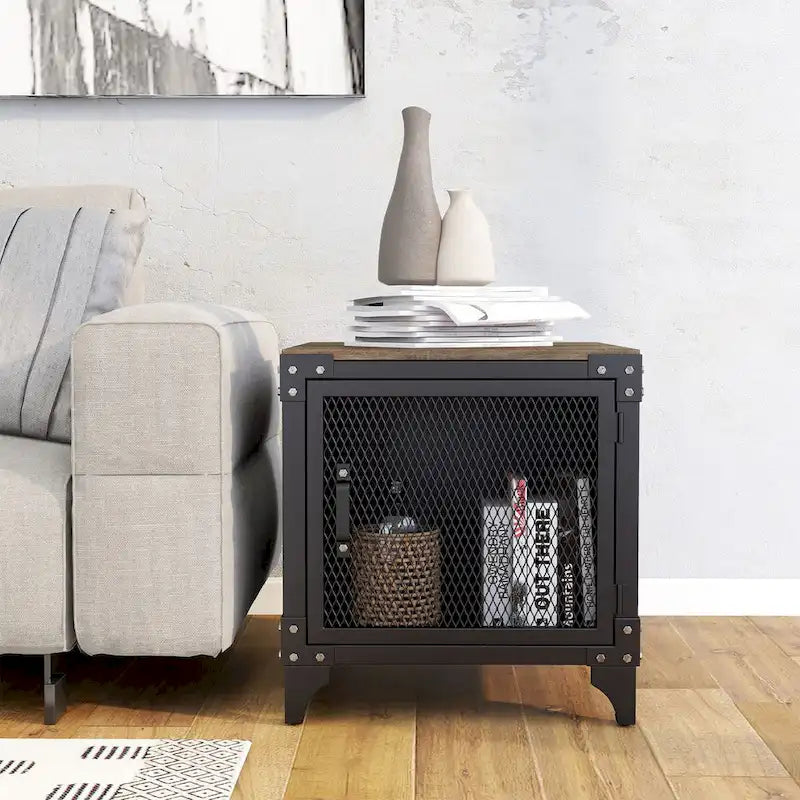 Table basse et table d'appoint de rangement en acier noyer foncé de style rustique