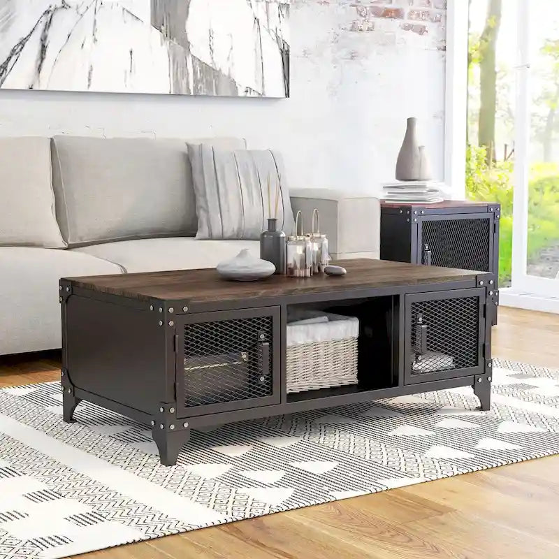 Table basse et table d'appoint de rangement en acier noyer foncé de style rustique
