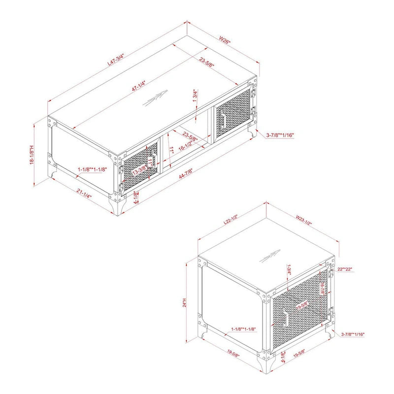 Table basse et table d'appoint de rangement en acier noyer foncé de style rustique