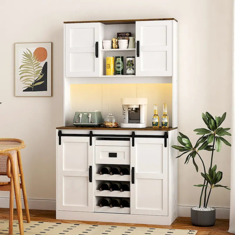 Meuble bar de ferme avec porte coulissante, grand buffet de cuisine, table de chevet de bar à café rustique, blanc