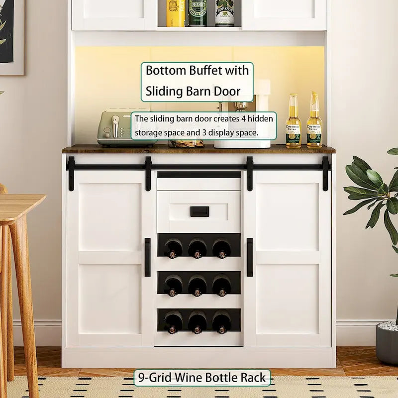 Meuble bar de ferme avec porte coulissante, grand buffet de cuisine, table de chevet de bar à café rustique, blanc