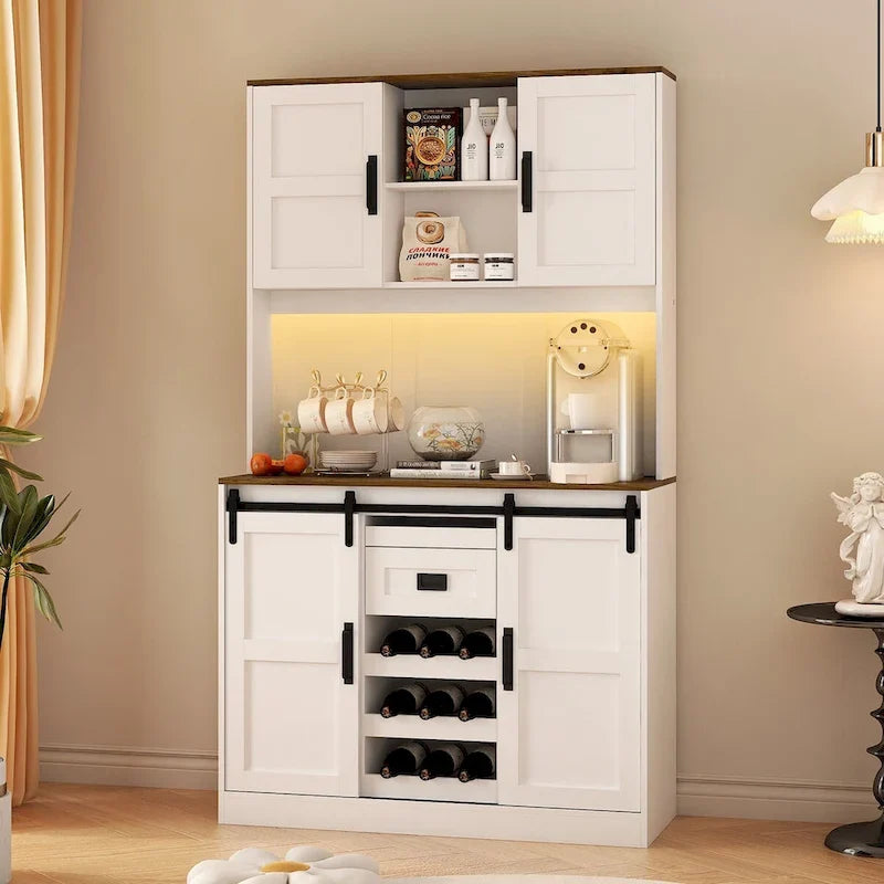 Meuble bar de ferme avec porte coulissante, grand buffet de cuisine, table de chevet de bar à café rustique, blanc