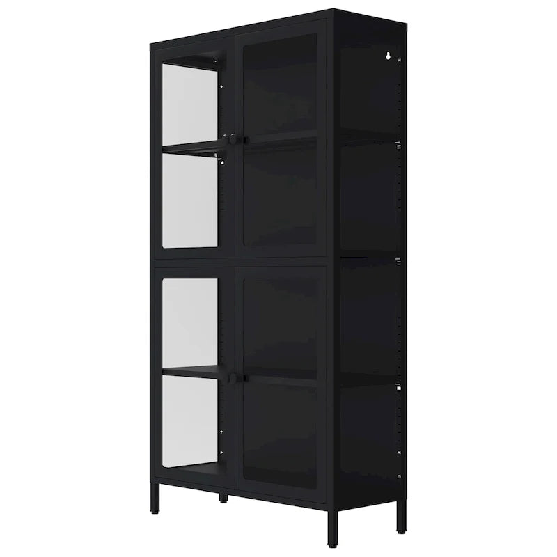 Meuble de rangement à quatre portes vitrées avec étagères et pieds réglables en acier laminé à froid