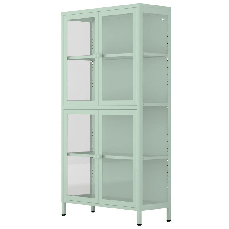 Meuble de rangement à quatre portes vitrées avec étagères et pieds réglables en acier laminé à froid