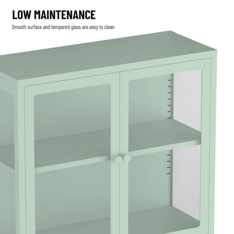 Meuble de rangement à quatre portes vitrées avec étagères et pieds réglables en acier laminé à froid