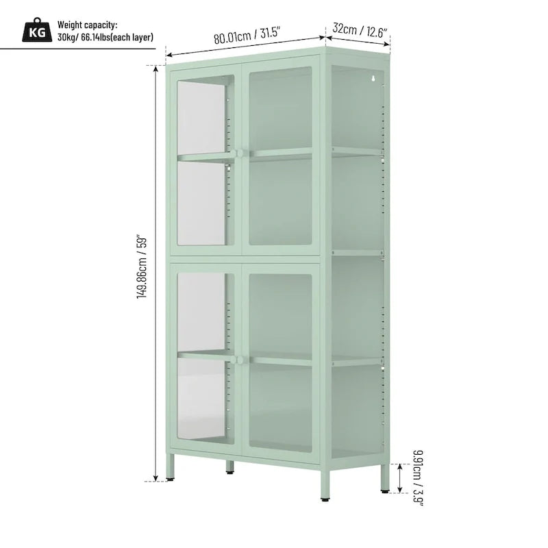 Meuble de rangement à quatre portes vitrées avec étagères et pieds réglables en acier laminé à froid