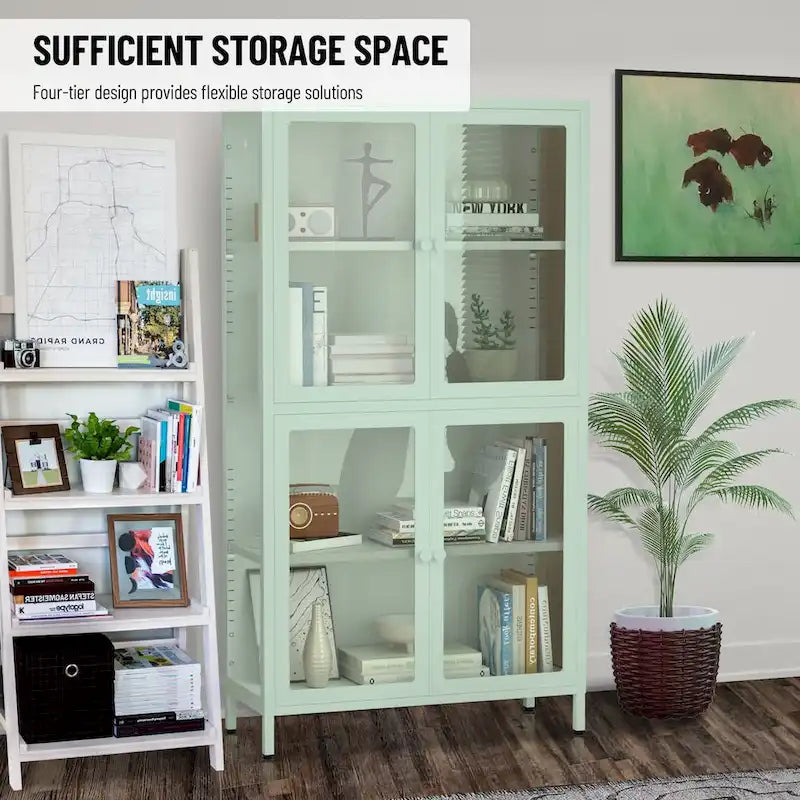 Meuble de rangement à quatre portes vitrées avec étagères et pieds réglables en acier laminé à froid