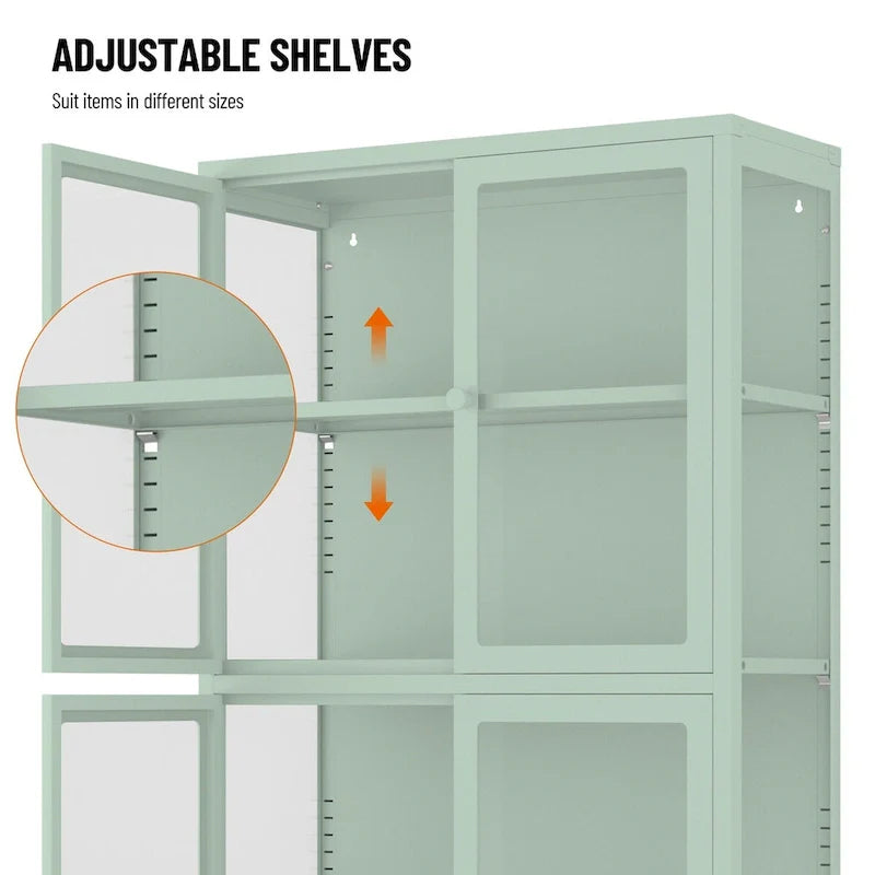 Meuble de rangement à quatre portes vitrées avec étagères et pieds réglables en acier laminé à froid