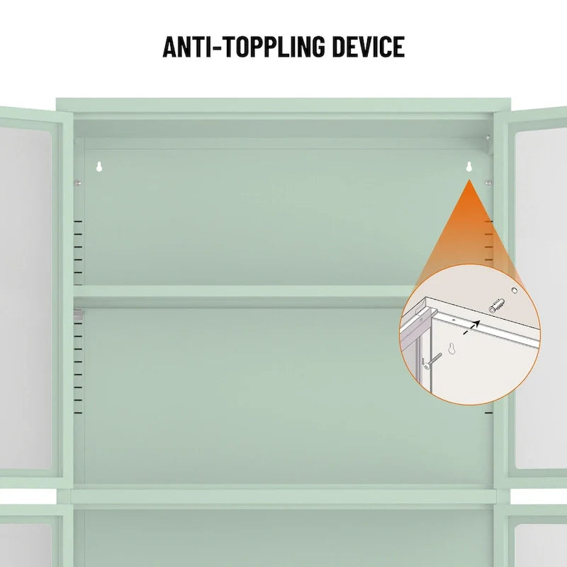 Meuble de rangement à quatre portes vitrées avec étagères et pieds réglables en acier laminé à froid