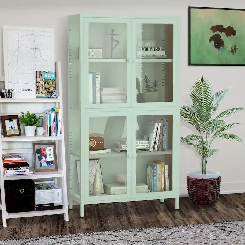 Meuble de rangement à quatre portes vitrées avec étagères et pieds réglables en acier laminé à froid