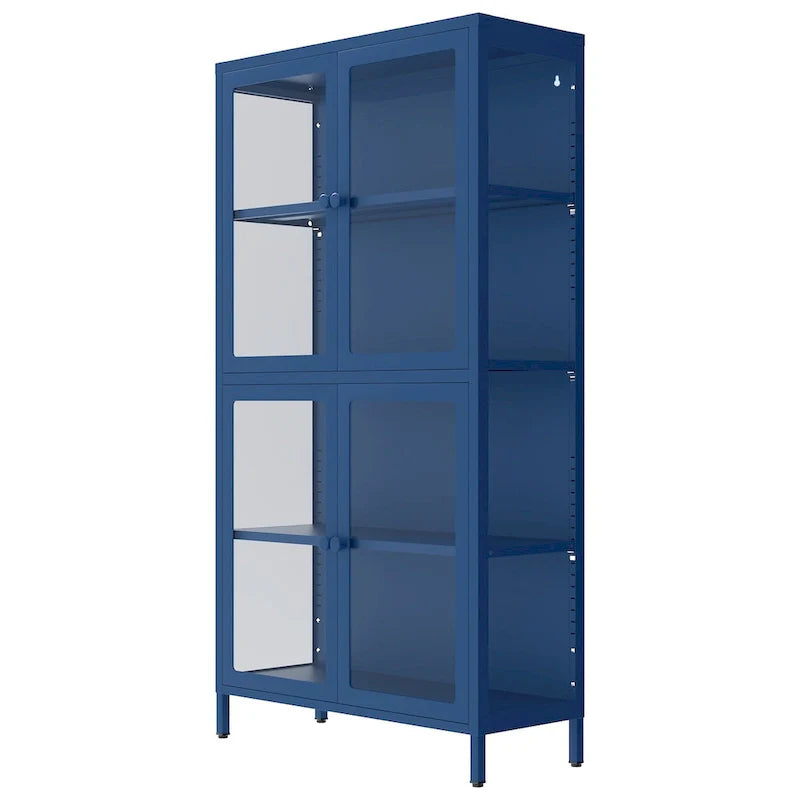 Meuble de rangement à quatre portes vitrées avec étagères et pieds réglables en acier laminé à froid