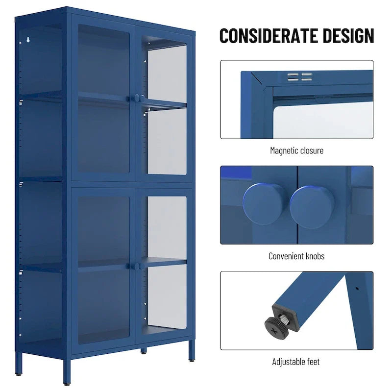 Meuble de rangement à quatre portes vitrées avec étagères et pieds réglables en acier laminé à froid