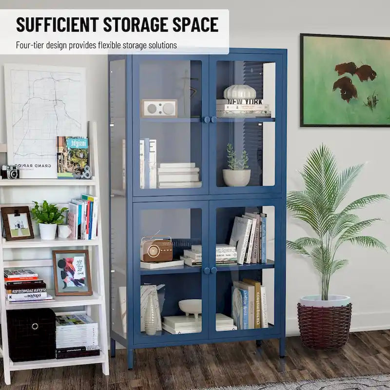 Meuble de rangement à quatre portes vitrées avec étagères et pieds réglables en acier laminé à froid
