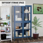 Meuble de rangement à quatre portes vitrées avec étagères et pieds réglables en acier laminé à froid