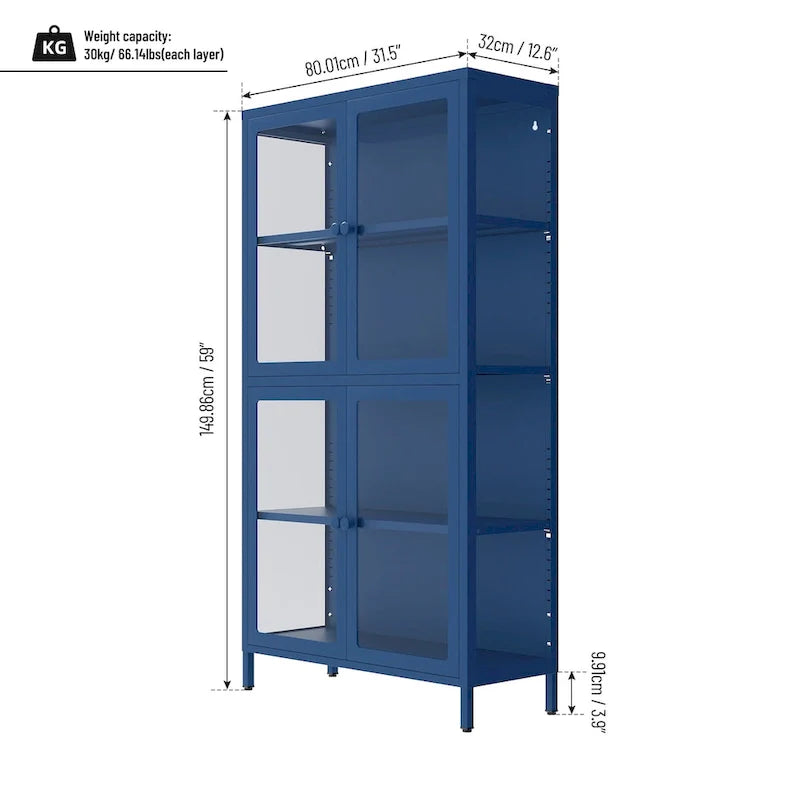 Meuble de rangement à quatre portes vitrées avec étagères et pieds réglables en acier laminé à froid