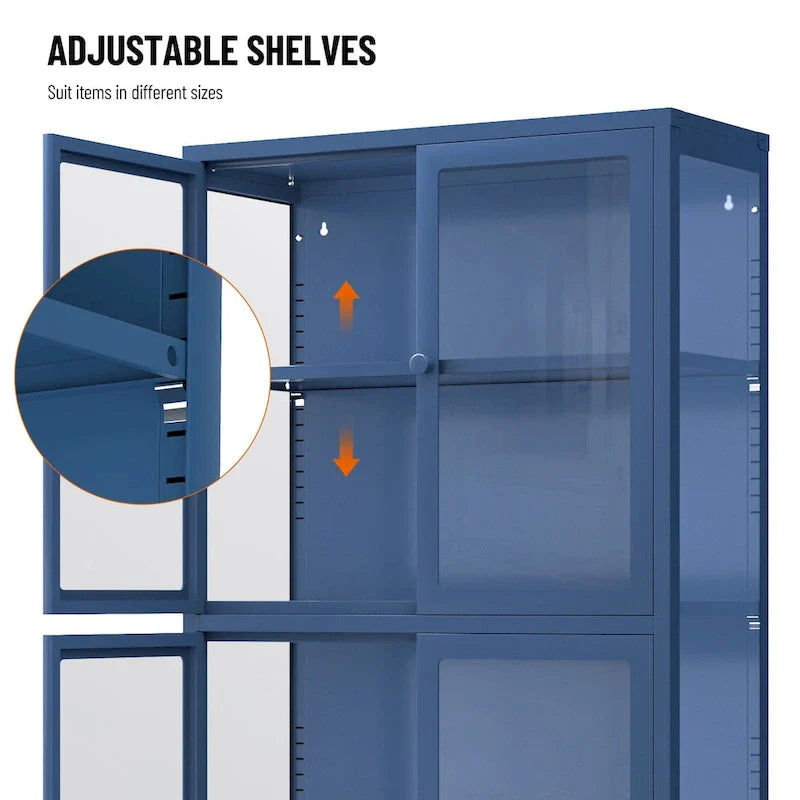Meuble de rangement à quatre portes vitrées avec étagères et pieds réglables en acier laminé à froid