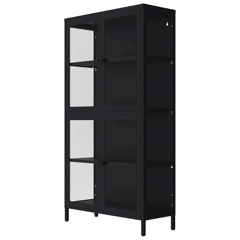 Meuble de rangement à quatre portes vitrées avec étagères et pieds réglables en acier laminé à froid