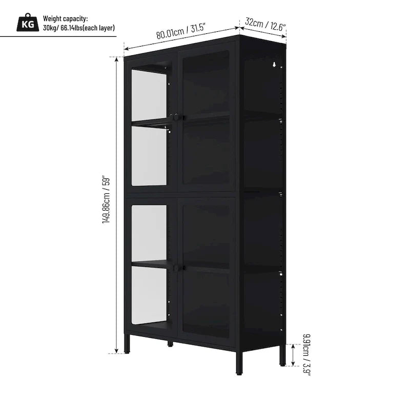 Meuble de rangement à quatre portes vitrées avec étagères et pieds réglables en acier laminé à froid