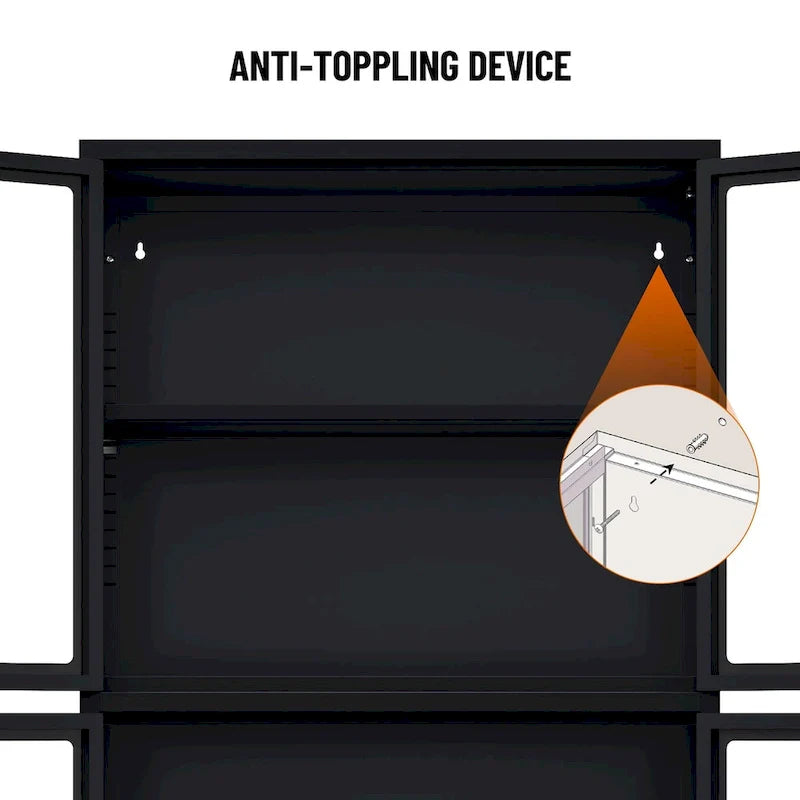 Meuble de rangement à quatre portes vitrées avec étagères et pieds réglables en acier laminé à froid