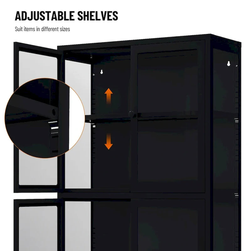Meuble de rangement à quatre portes vitrées avec étagères et pieds réglables en acier laminé à froid