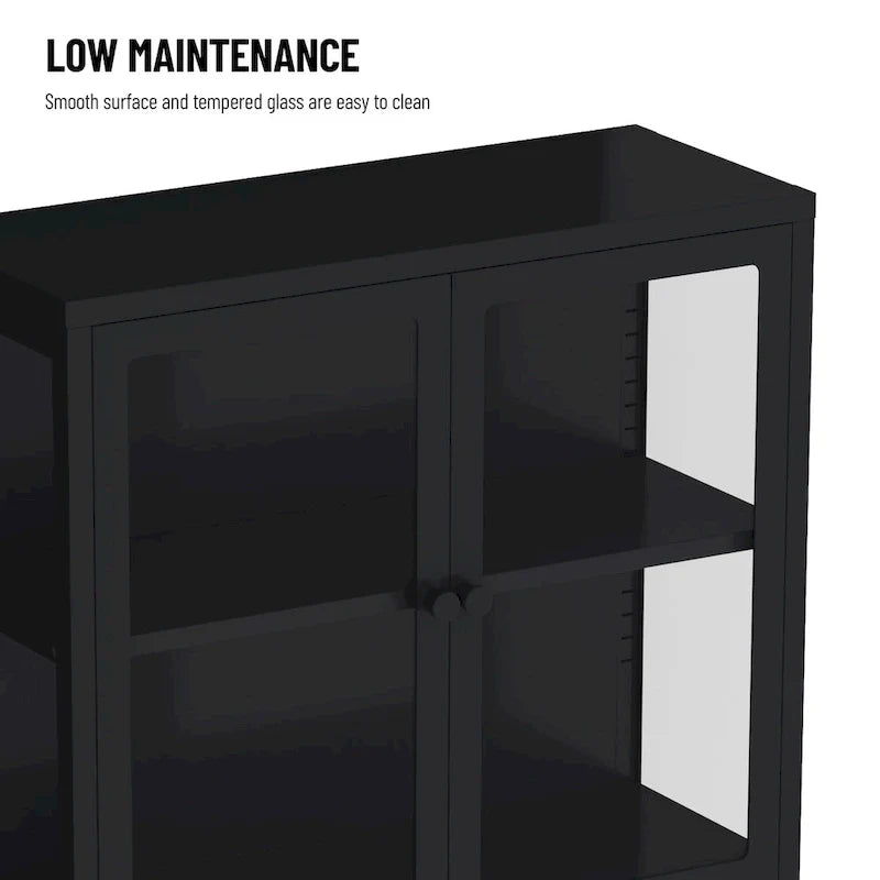 Meuble de rangement à quatre portes vitrées avec étagères et pieds réglables en acier laminé à froid