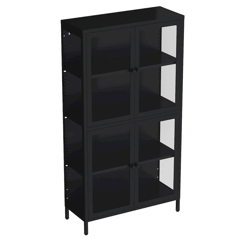Meuble de rangement à quatre portes vitrées avec étagères et pieds réglables en acier laminé à froid
