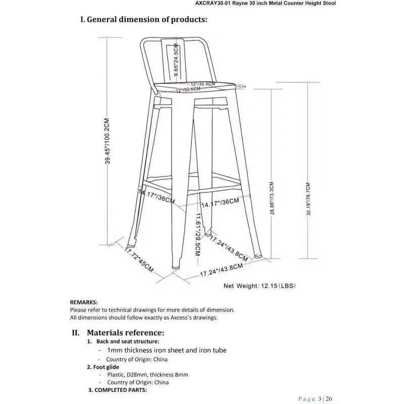 Lot de 2 tabourets de bar Josephine de 30 po en métal et bois à hauteur de comptoir - WyndenHall : Hauteur fixe