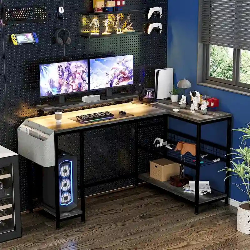 Bureau d'angle moderne avec prises de courant et éclairage LED