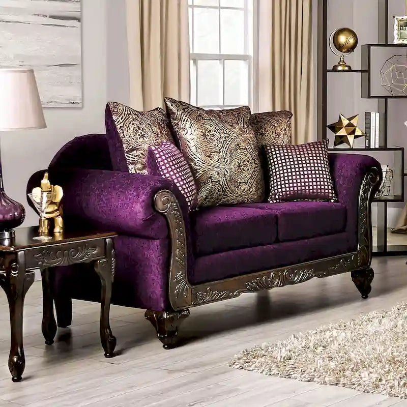Causeuse Grendel traditionnelle en chenille violette avec accoudoirs roulés par Furniture of America