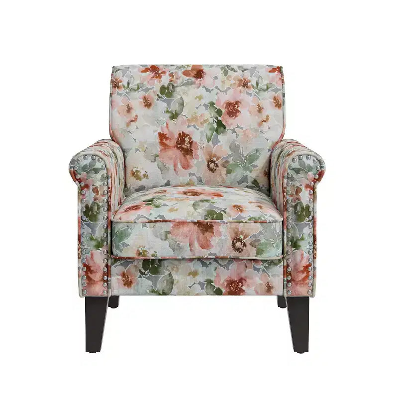 Fauteuil d'appoint traditionnel à accoudoirs roulés Handy Living Janet avec clous en étain et motif floral