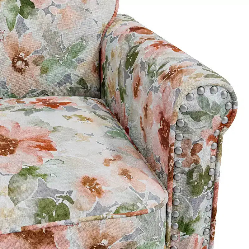 Fauteuil d'appoint traditionnel à accoudoirs roulés Handy Living Janet avec clous en étain et motif floral