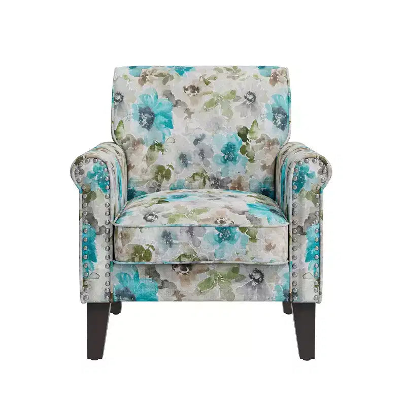 Fauteuil d'appoint traditionnel à accoudoirs roulés Handy Living Janet avec clous en étain et motif floral