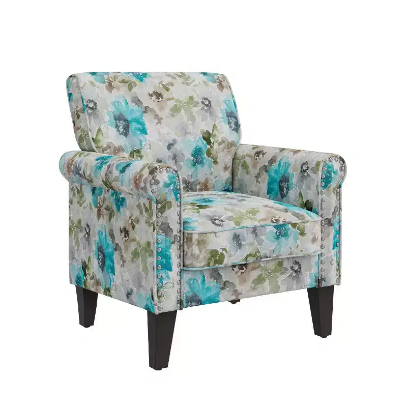 Fauteuil d'appoint traditionnel à accoudoirs roulés Handy Living Janet avec clous en étain et motif floral