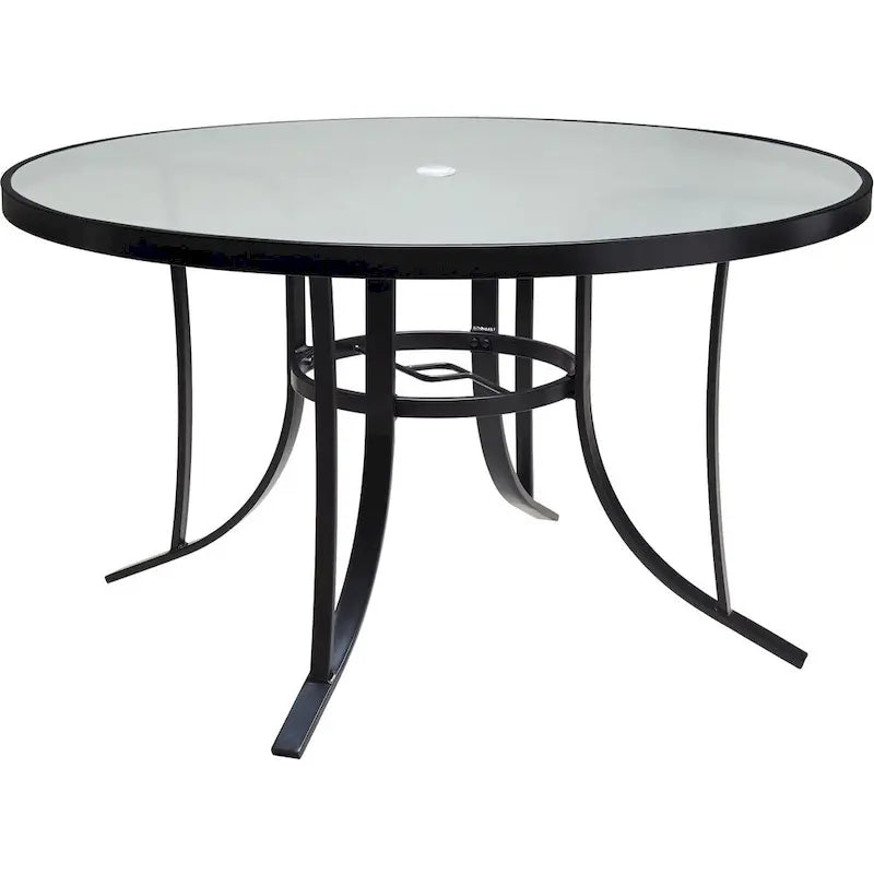 Ensemble de salle à manger Hanover Lavallette 5 pièces bleu océan avec 4 chaises fixes, une table ronde en verre de 52 pouces, un parasol et une base